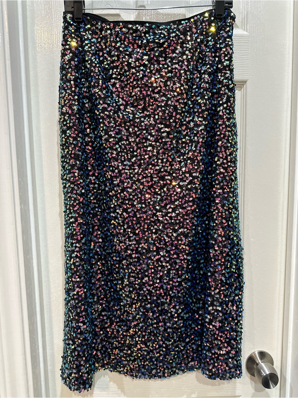 Black Sequin Midi Skirt with Iridescent Multicolor Sparkle